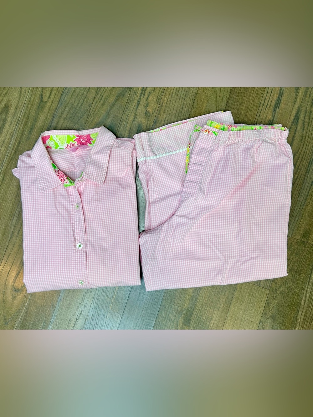 Lilly Pulitzer Gingham Pajama Set Pink Check Floral Trim Size Large Tunic Pants